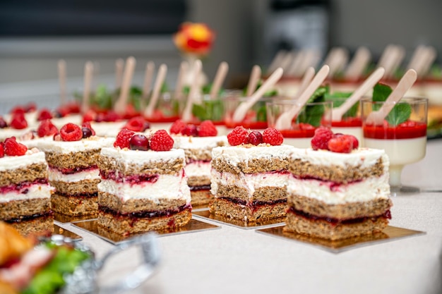 Close-up van taarten met vers fruit en bessen op een rij gerangschikt op een feesttafel