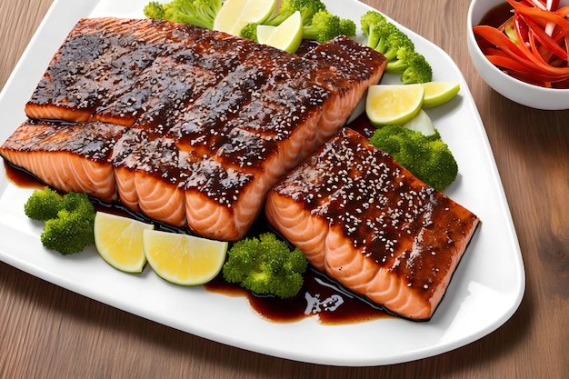 Close-up van Teriyaki-zalm generatieve kunst door AI