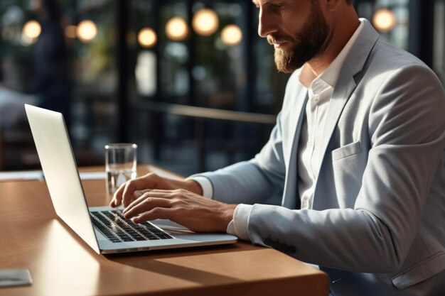 Close-up van toetsenbordtypen op een laptopcomputer die online werkt aan een witte tafel in de Facebook-chat op kantoor