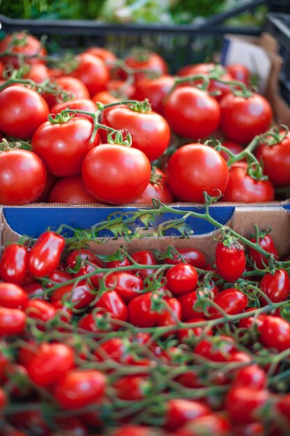 Foto close-up van tomaten op een marktkraam voor de verkoop