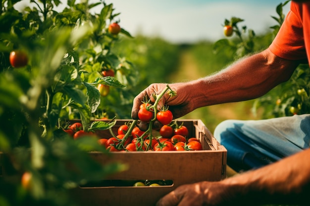 Close-up van tomatengroente shot van een onherkenbare boer die tomaten in zijn hand houdt terwijl hij