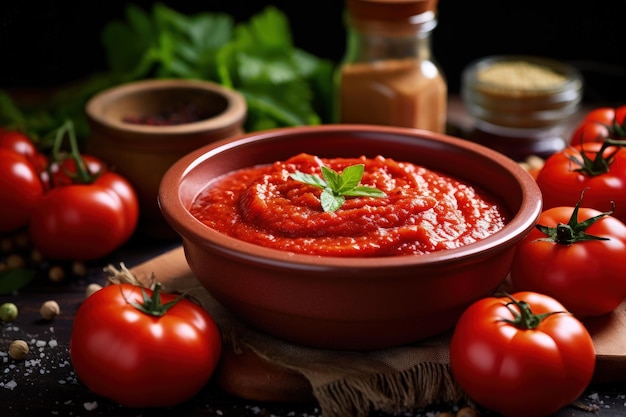 Close-up van tomatenpuree met ingrediënten in kom op heerlijk dienblad