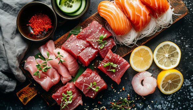 Foto close-up van tonijn sashimi op een houten plank