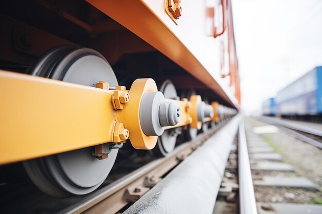 Close-up van treinwielen in beweging