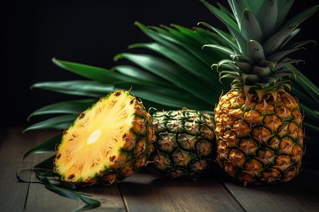 Close-up van tropische ananasvruchten, palmbladeren op de houten tafel en donkere achtergrond