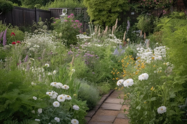 Close-up van tuin met delicate bloemen en groen op de voorgrond gemaakt met generatieve AI