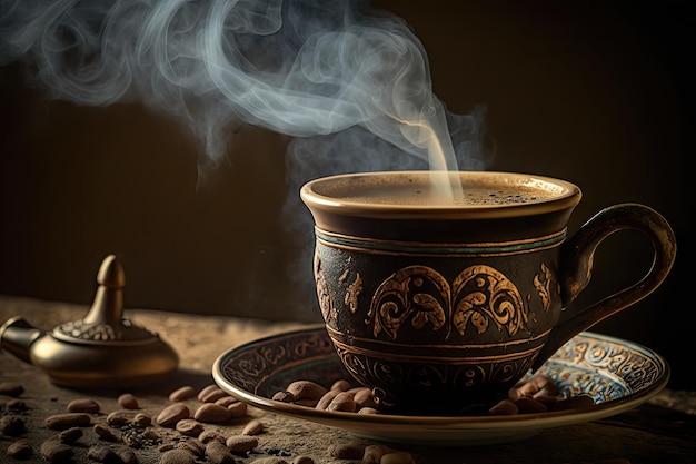 Close-up van Turkse koffie met stoom die uit de beker stijgt