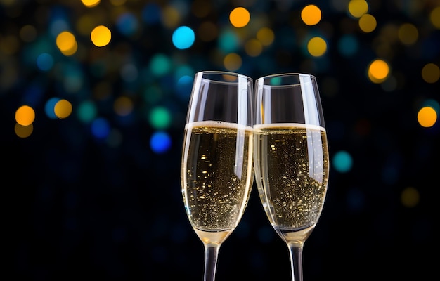 Close-up van twee glazen met bubbelachtige champagne gekanteld tegen elkaar tegen een achtergrond van wazig