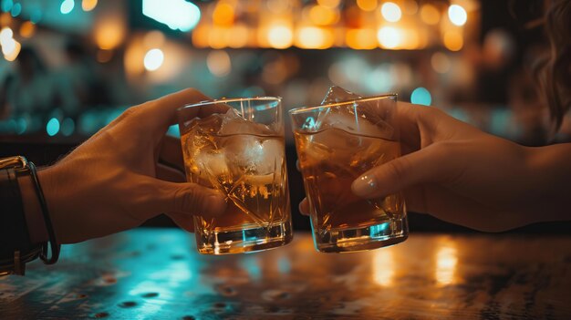 Close-up van twee handen die glazen whisky en ijs vasthouden op de bar.