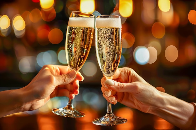 Close-up van twee handen die toasten met champagne glazen tegen een warme Bokeh lichten achtergrond