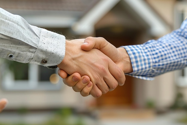 Close-up van twee mensen die elkaar de hand schudden om een deal te voltooien tegen een wazige achtergrond van een nieuw huis