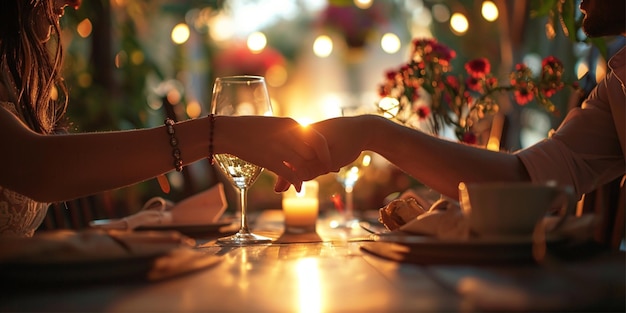 Close-up van twee mensen die handen vasthouden aan een tafel romantiek romantische sfeer kaarslicht restaurant