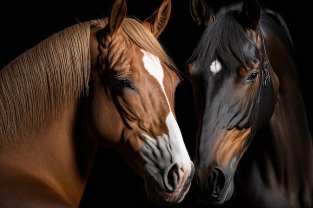 Close-up van twee paarden tegen een donkere achtergrond