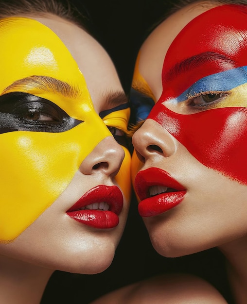 Foto close-up van twee vrouwen met artistieke gezichtsverf in primaire kleuren