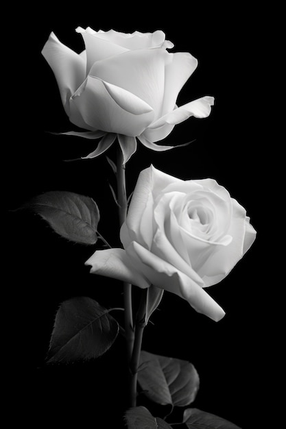 Close-up van twee witte rozen op zwarte achtergrond gemaakt met behulp van generatieve AI-technologie