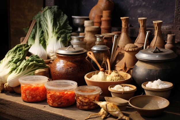 Close-up van utensiliën en potten voor het maken van kimchim