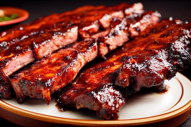 Close-up van varkensribbetjes gegrild met BBQ-saus en gekarameliseerd in honing Pittige geroosterde varkensribbetjes geserveerd met BBQ-saus Een groot stomend geurig stuk gebakken runderborst op de ribben