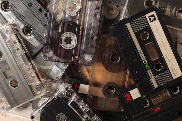 Close-up van veel cassettes van audiocassettes