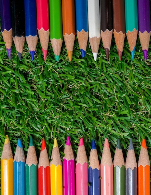 Foto close-up van veelkleurige potloden op gras