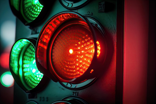Close-up van verkeerslicht met groene en rode lichten die fel schijnen