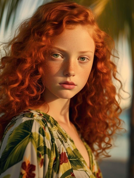 Close-up van verlegen krullend roodharig meisje met groene ogen en bloemenjurk gegenereerd door AI