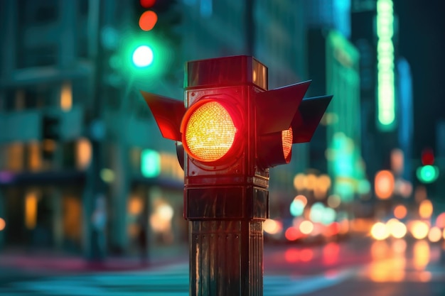 Foto close-up van verlicht verkeerslicht 's nachts gemaakt met generatieve ai