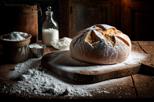Close up van vers brood op een tafel bedekt met meel het idee van een traditionele bakkerij en gezond eten rustieke mode generatieve AI