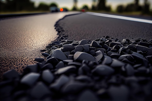 Foto close-up van vers gegoten asfalt klaar voor verkeer