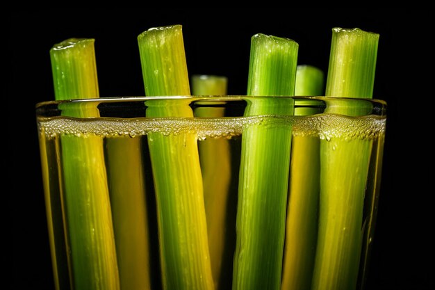 Foto close-up van vers geperst suikerriet sap in een glas