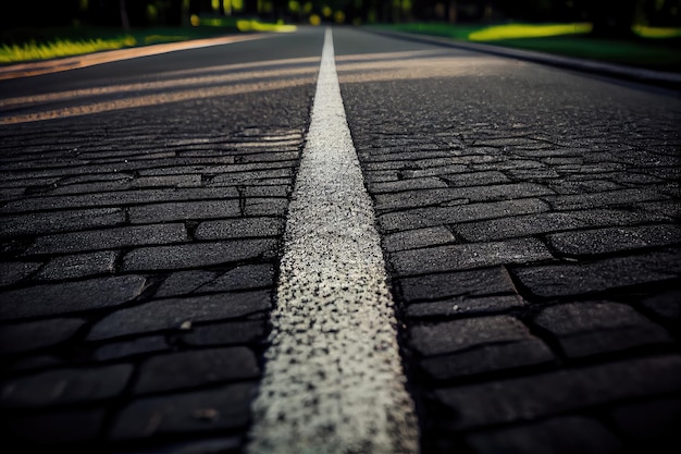 Close-up van vers verharde weg met zichtbare lijnen en texturen