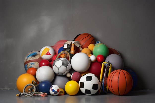 close-up van verschillende ballen en sportelementen op donkere achtergrond