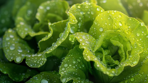 Foto close-up van verse groene sla bladeren met waterdruppels