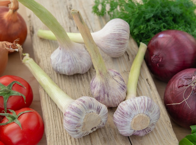 Close-up van verse groenten (tomaten, uien, radijsjes, gras, knoflook) op een houten bord.