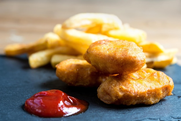 Close-up van verse nuggets met ketchup geserveerd op tafel