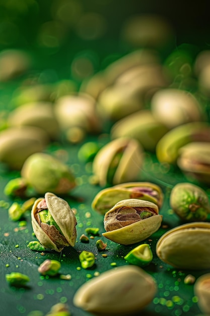 Foto close-up van verse pistachenoten op groene achtergrond met vervaagd bokeh-effect