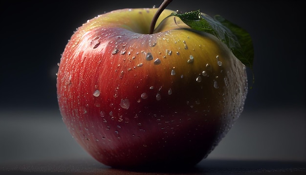Close-up van verse rode rijpe appel met blad op onscherpe achtergrond Generatieve AI