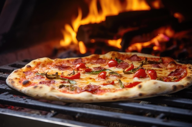 Close-up van versgebakken pizza met traditionele houtgestookte ovenachtergrond