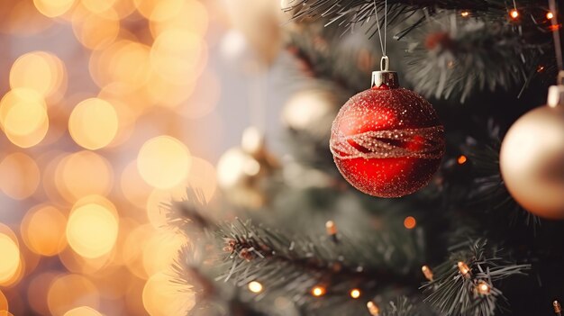 Close-up van versierde kerstboom AI gegenereerd
