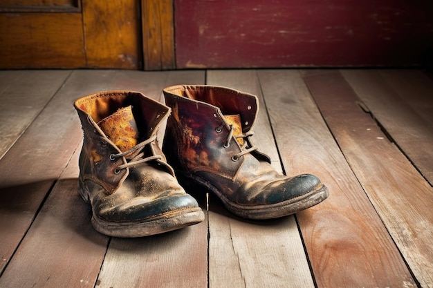 Close-up van versleten leren laarzen op rustieke houten vloer gemaakt met generatieve ai