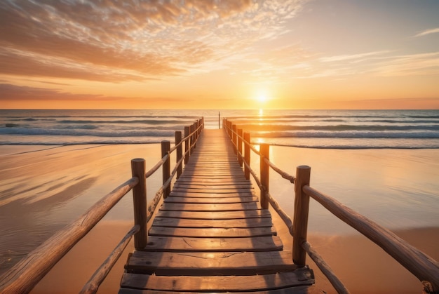 Foto close-up van verweerde houten brugplanken bij zonsondergang