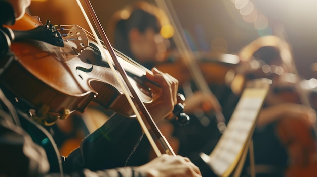 Close-up van violisten in een orkest ondergedompeld in een symfonie van emoties