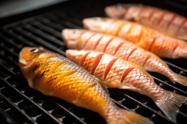 Close-up van visfilets op een draagbare grill gemaakt met generatieve ai