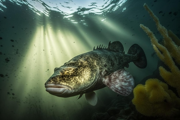 Close-up van vissen in het water met zon die door generatieve ai schijnt