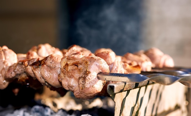 Close-up van vlees in een spies op een barbecue in de achtertuin