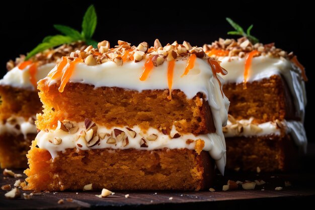 Close-up van vochtige carrot cake plakjes met roomkaas