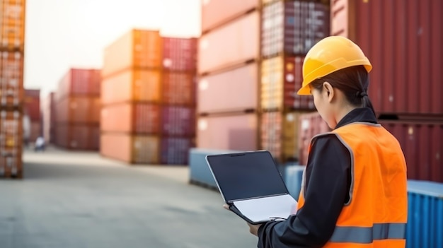 close-up van voorman werknemer in het houden van clipboard checklist en gesprekken op twee-weg radio bij containers ca