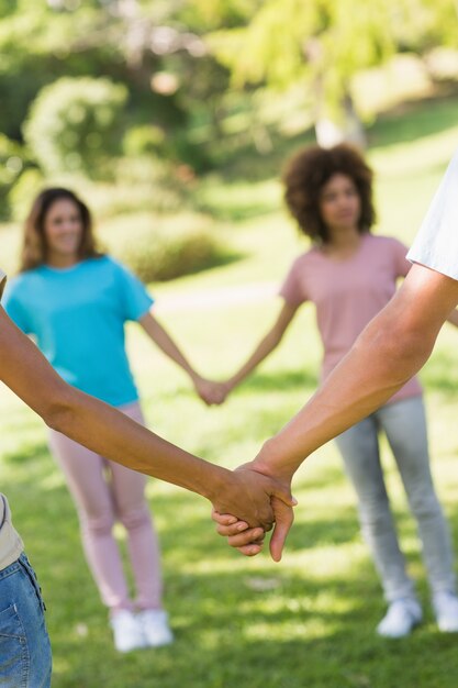 Close-up van vrienden hand in hand in park