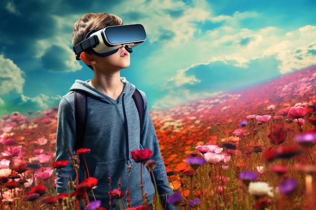 Close-up van vrolijke jongen met VR-headset gebruiker surrealistisch wonderland Magic flower field background