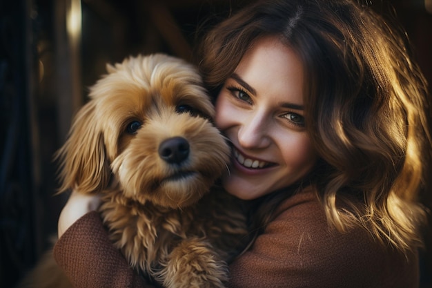 close-up van vrouw die haar hond bokeh stijl achtergrond knuffelt