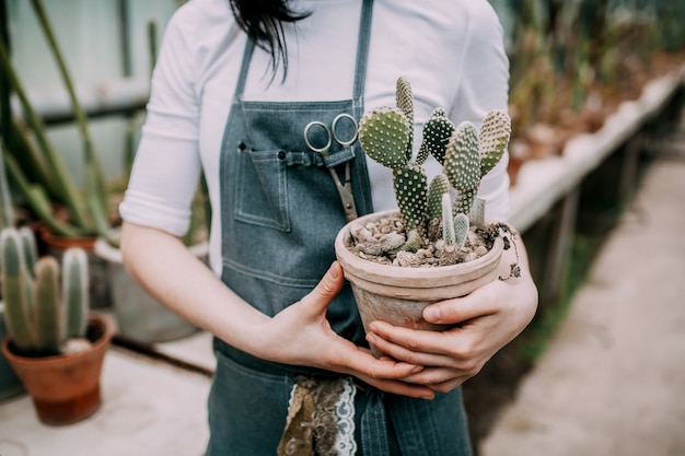 Close-up van vrouw met een keramische pot met cactus in kas